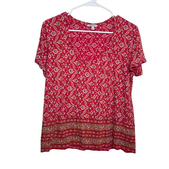 Lucky Brand T-Shirt Women's Large Red Floral Short Sleeve Round Neck Boho Top - Picture 1 of 9